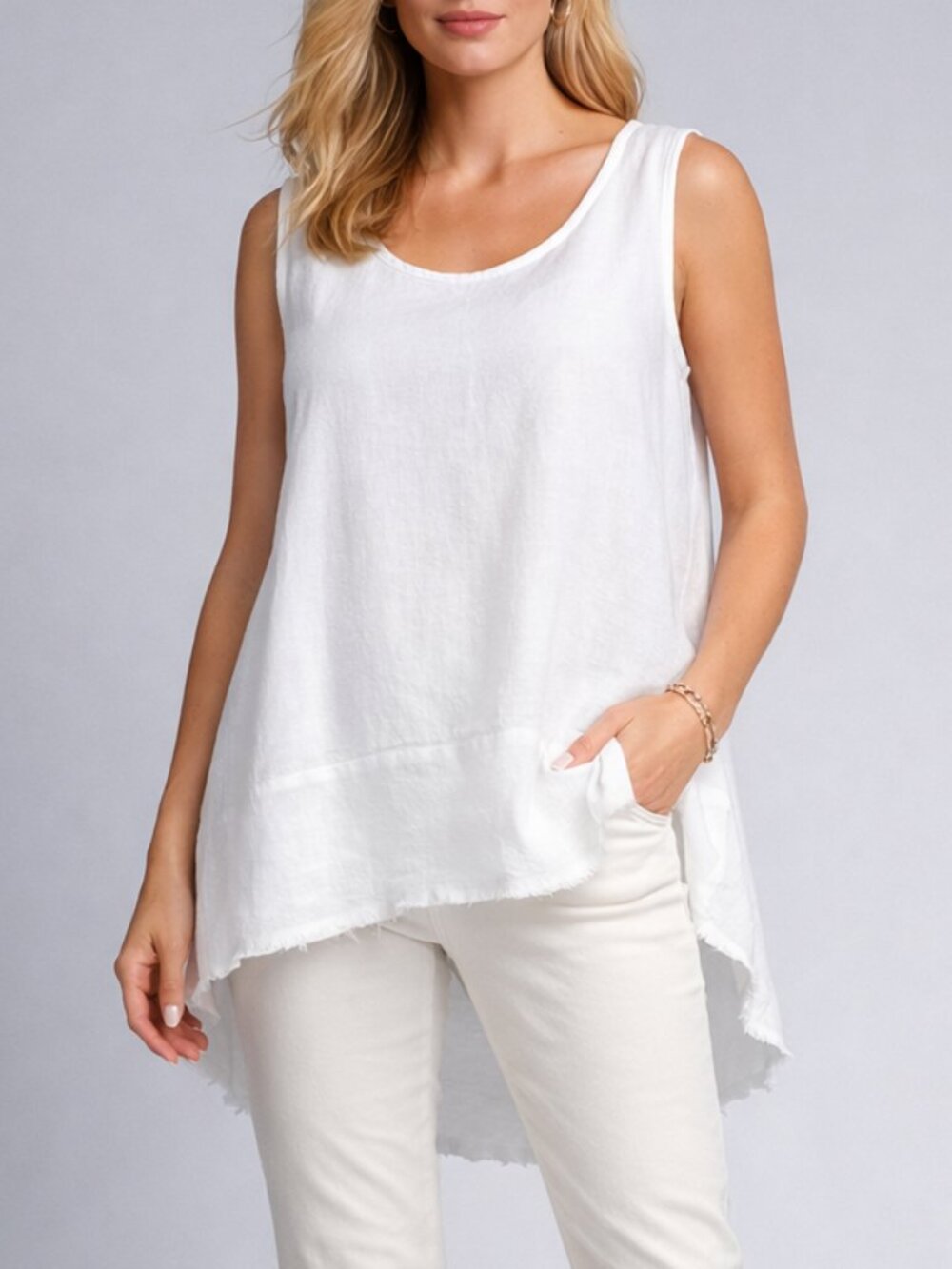 Midi Boho Linen Tank Top • Dolcezza Cream White Raw Hem Tunic • XL • NWT